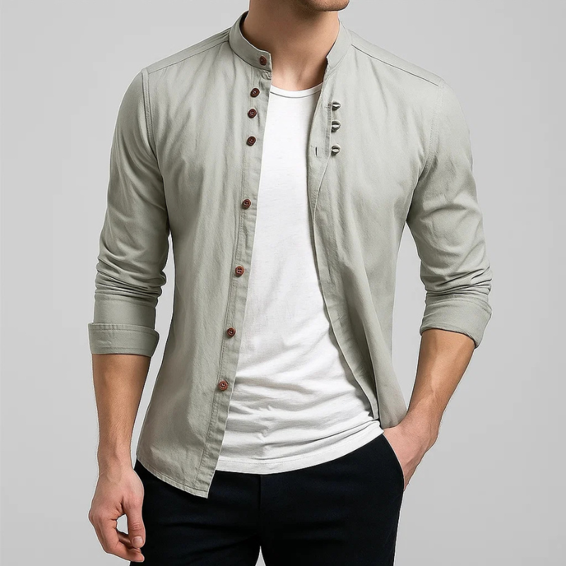Versatile men's long-sleeve tailored shirt in Kyoto style with a stand collar, perfect for casual everyday wear.