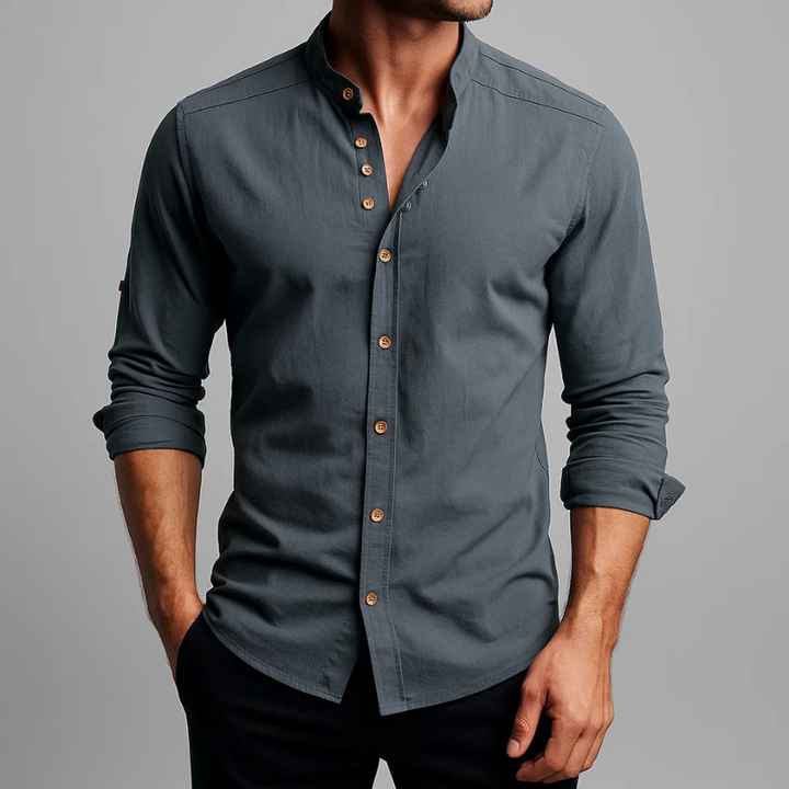 Japanese style men's tailored shirt featuring a modern stand collar and comfortable long sleeves. Men's fashion.