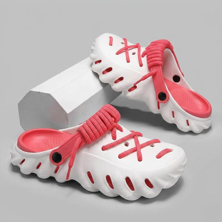Casual men's lightweight clogs, laced for a custom fit, breathable comfort.