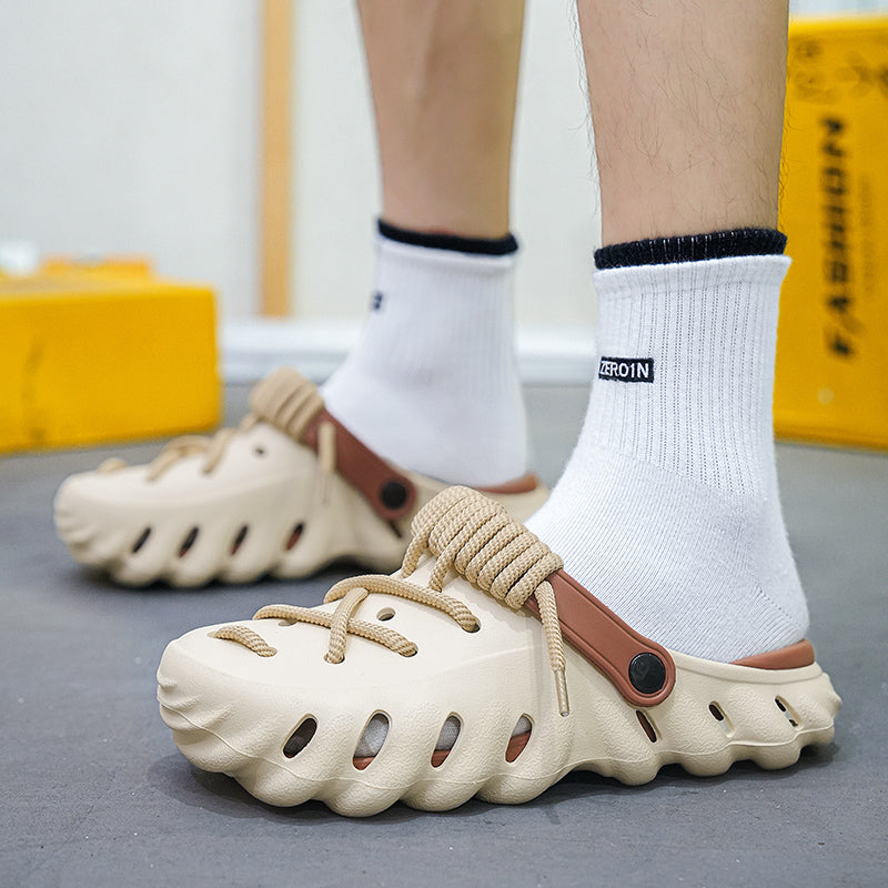 Breathable men's comfort footwear, lightweight laced clogs for easy wear.