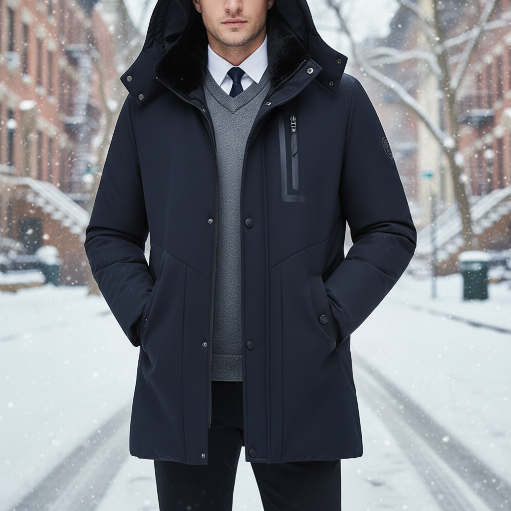 Men's Lawrence weatherproof parka with removable hood in black, front view, insulated for winter.
