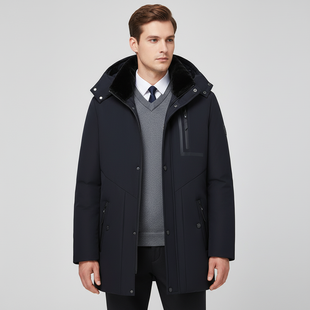 Stylish men's waterproof parka jacket with detachable hood, perfect for cold weather outerwear.