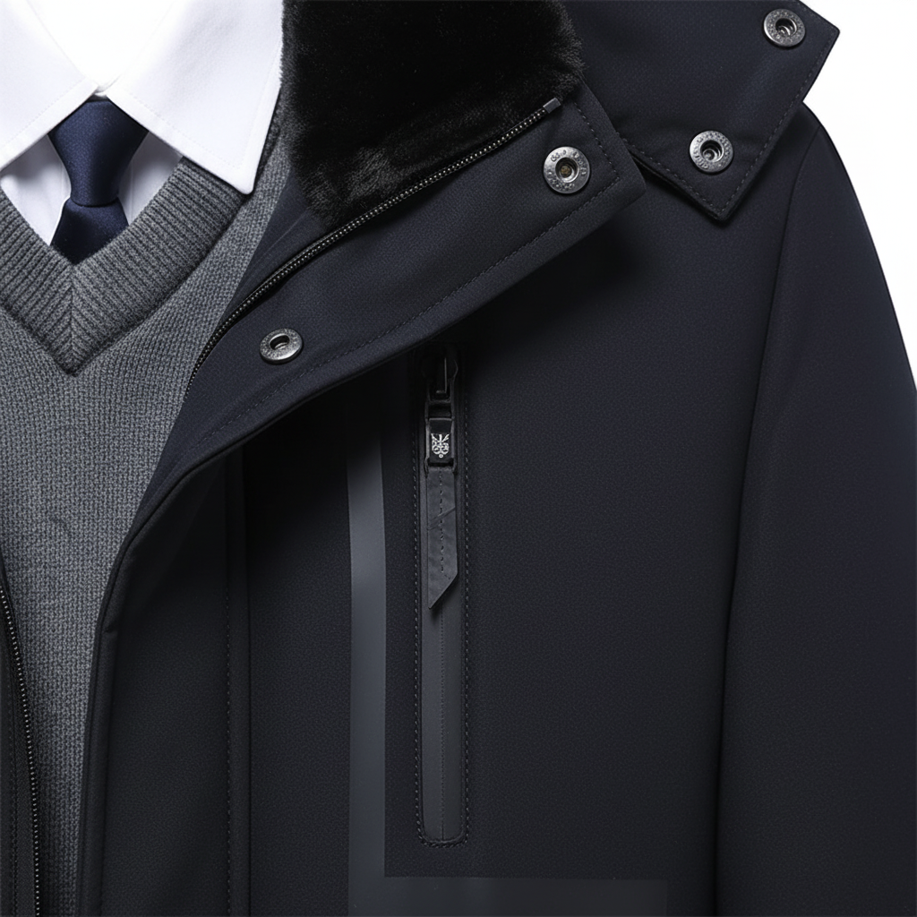 Front close-up of men's Lawrence hooded parka, highlighting weatherproof fabric and design details.