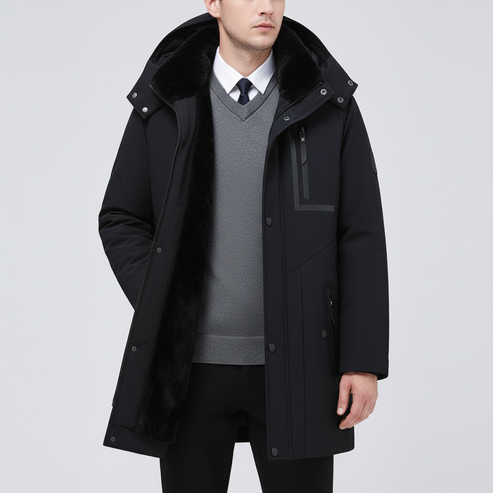 Men's winter parka with removable hood and insulated lining, ideal for cold weather protection.