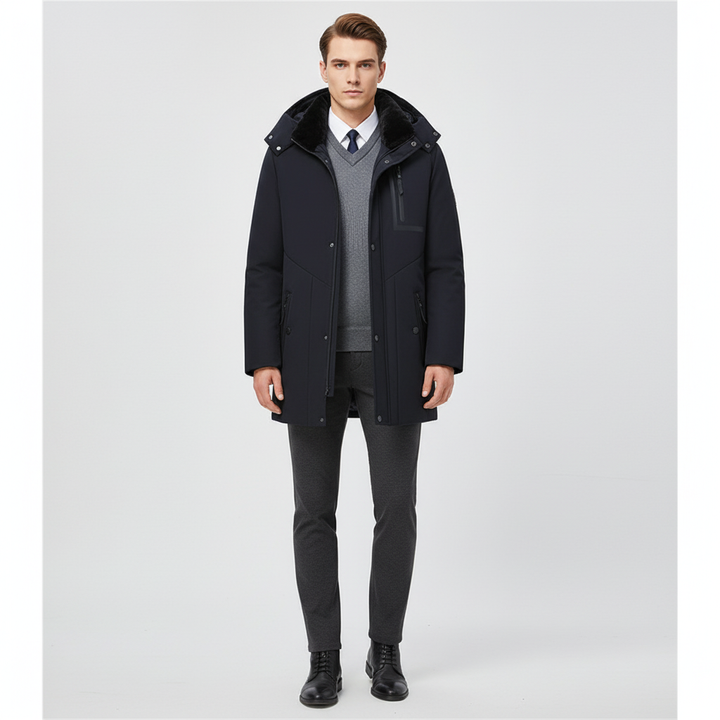 Lawrence men's fashion parka jacket, black, demonstrating weatherproof features and modern style.