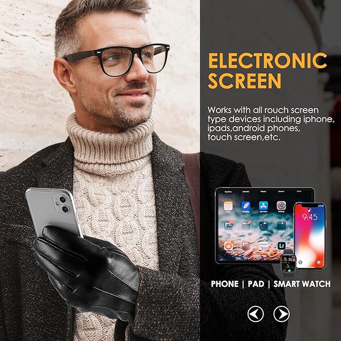 Insulated men's leather gloves, touchscreen, perfect for outdoor gear