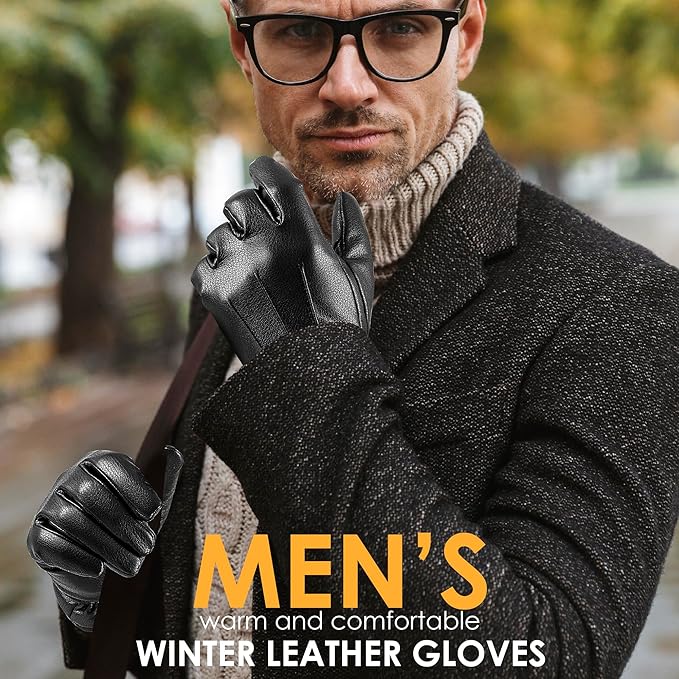 Black leather touchscreen gloves for men, ideal winter accessories