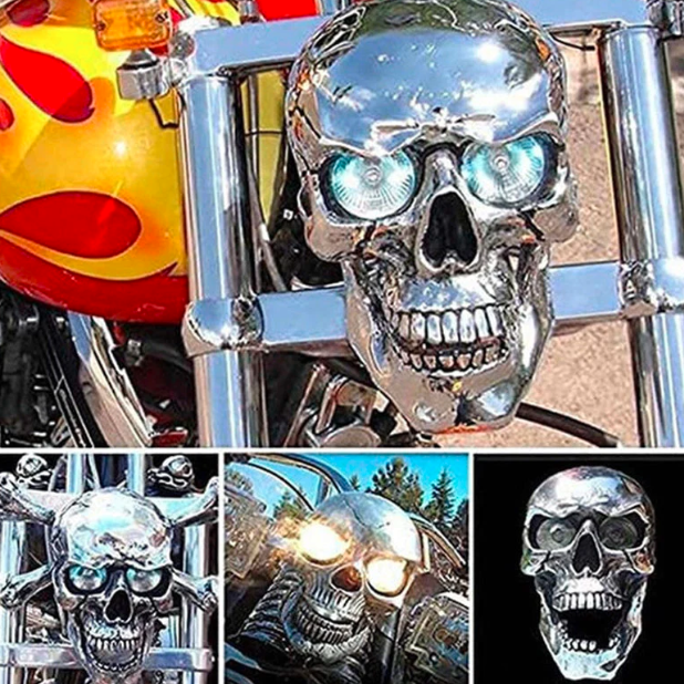 Durable LED skull headlight for motorcycles, providing bright, custom lighting for biker enthusiasts.