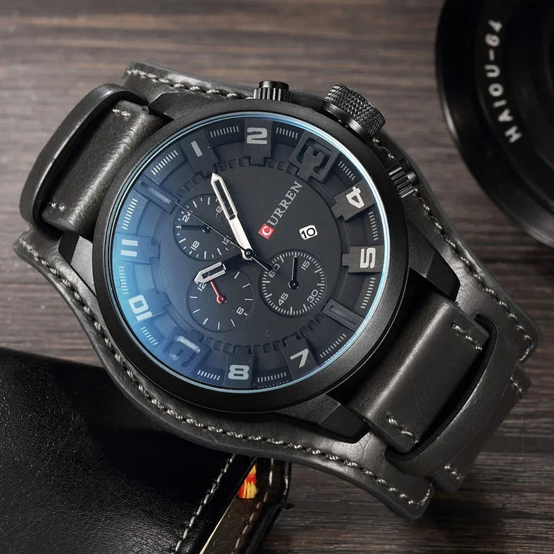 Classic men's watch with brown leather strap and chronograph dial, perfect wristwear.
