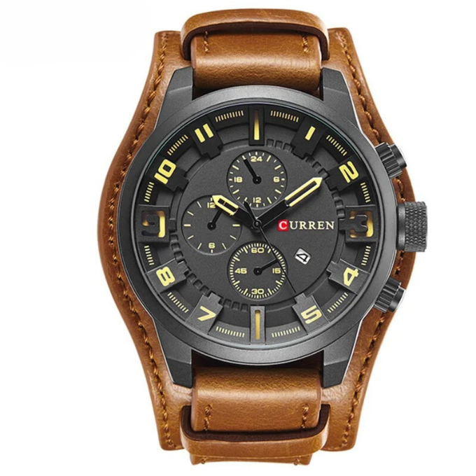 Stylish men's leather watch with chronograph functions, a modern wrist accessory for men.