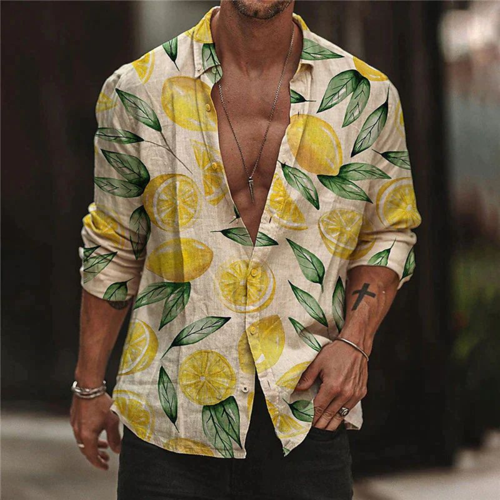 Men's lemon print short sleeve button-up shirt, perfect for summer vacation, beach, or casual parties Matteo