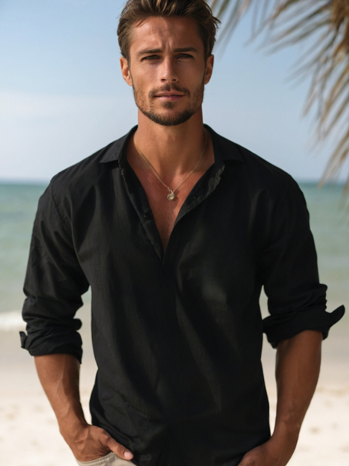 Men's Leo linen blend summer shirt, short sleeve, light grey, breathable, perfect for casual beachwear