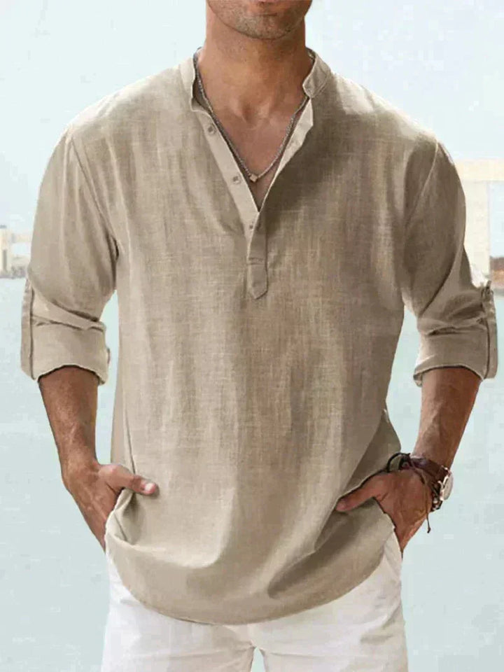 Men's striped linen blend shirt, short sleeve, in blue and white, suitable for summer casual menswear