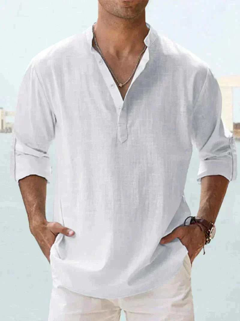 Folded men's yellow linen blend short sleeve shirt, highlighting its breathable and lightweight quality