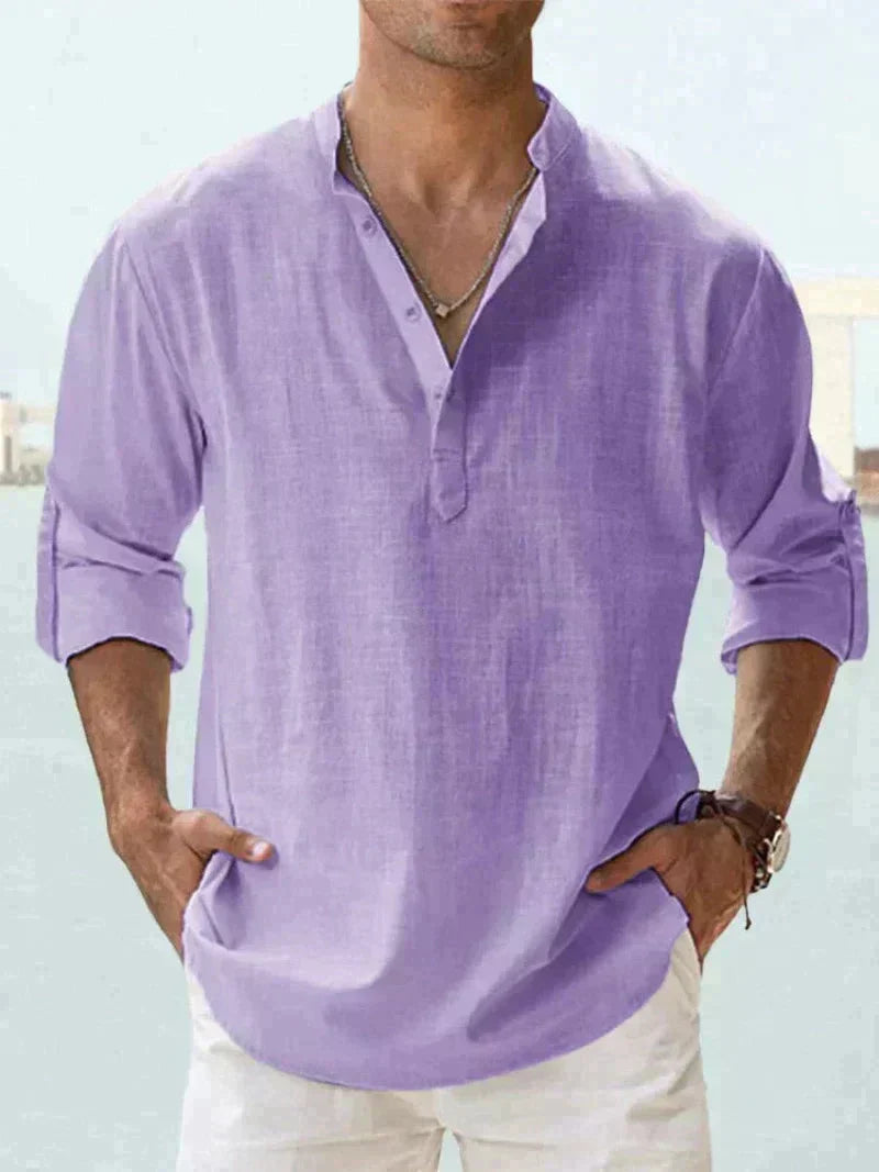Collection of men's breathable linen blend short sleeve shirts in various colors, ideal for summer