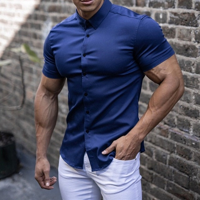 Men's LeoFit athletic stretch muscle shirt, short sleeve workout top, comfortable & versatile.