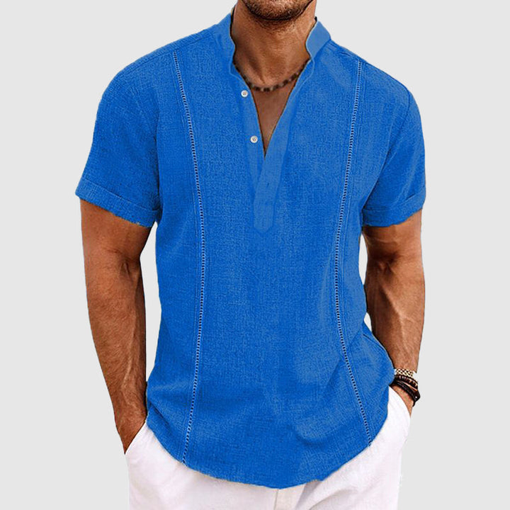 Men's light blue Harbour short sleeve shirt. Casual comfort, versatile style for summer and warm weather.