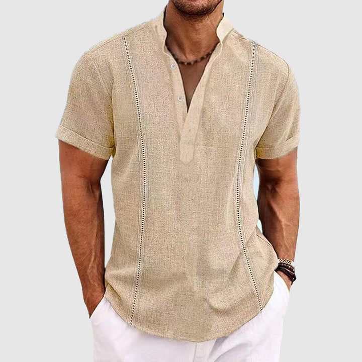 Comfortable men's casual short sleeve shirt with button placket. Versatile in beige & white for everyday wear.