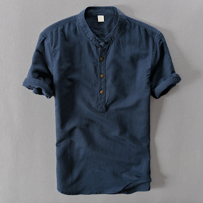 Dark blue men's lightweight Mallorca summer shirt. Short sleeve button down for stylish casual & resort wear.