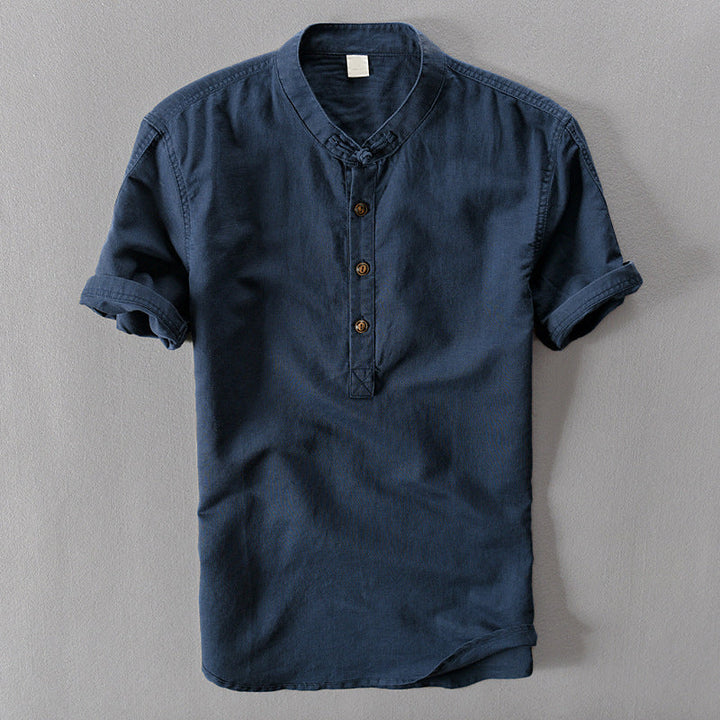 Dark blue men's lightweight Mallorca summer shirt. Short sleeve button down for stylish casual & resort wear.