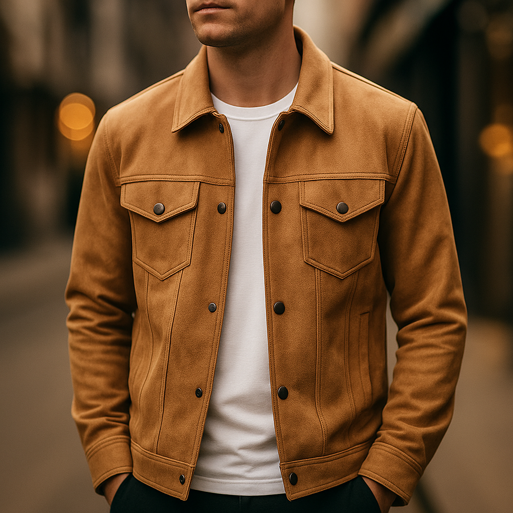 Men's light brown textured button-front jacket, perfect for smart casual layering and outerwear.