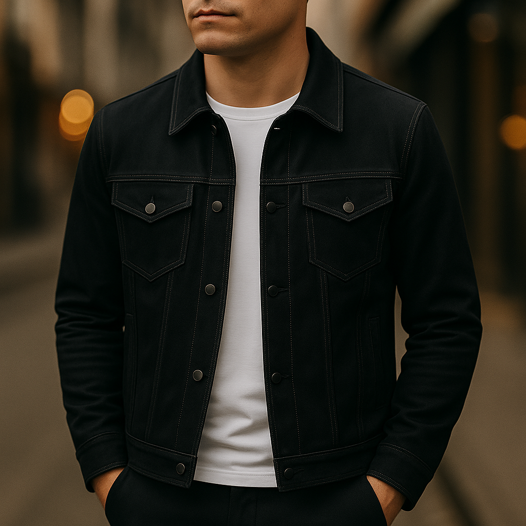 Stylish men's deep black textured button-front jacket, an ideal casual wear and layering piece.