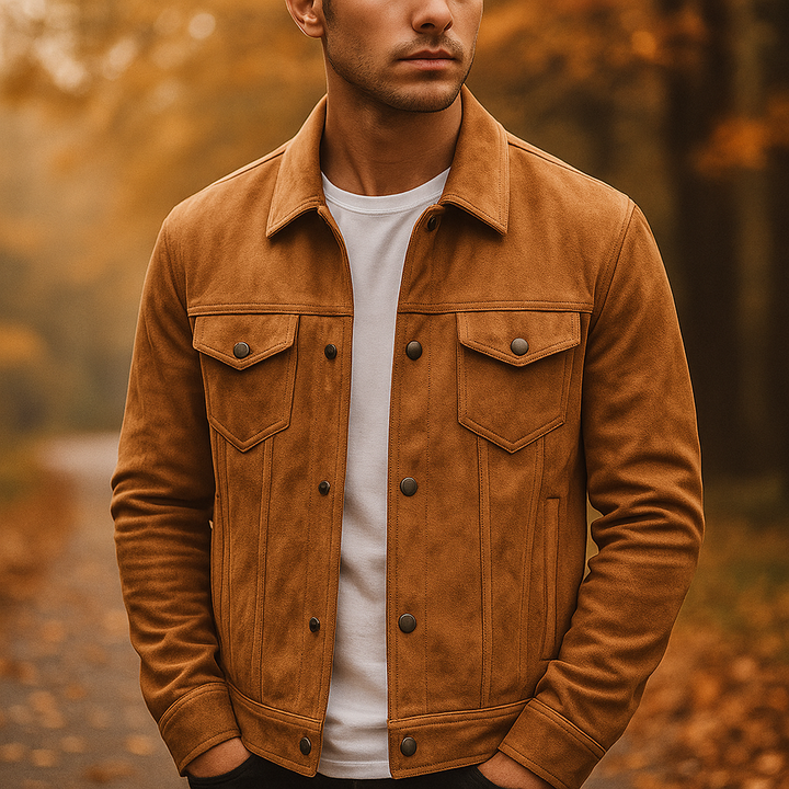 Versatile men's button-front textured jacket in light brown for smart casual styling.