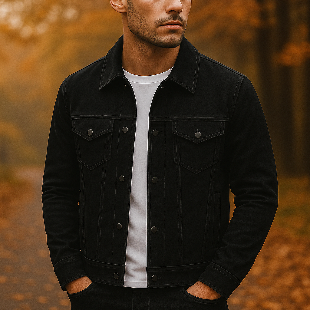 Deep black men's textured button-front jacket, a stylish layering piece for casual outerwear.