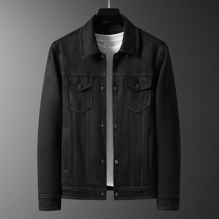 Men's stylish button-front textured jacket, a versatile deep black outerwear option for men.