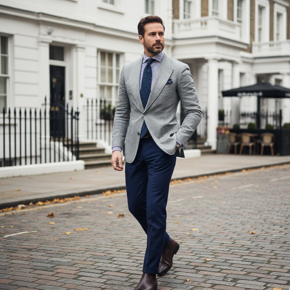 Sophisticated men's light blue slim fit blazer. Versatile tailored jacket for smart-casual & formal wear.