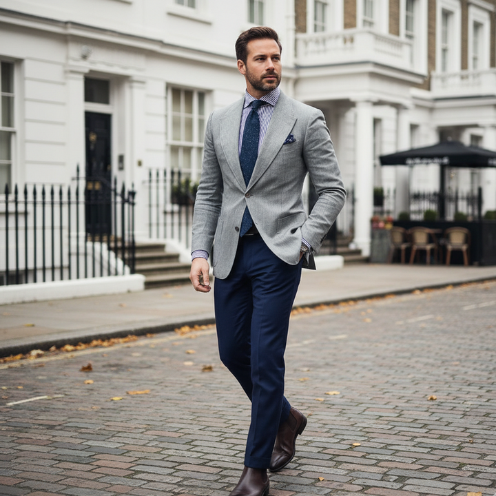 Sophisticated men's light blue slim fit blazer. Versatile tailored jacket for smart-casual & formal wear.