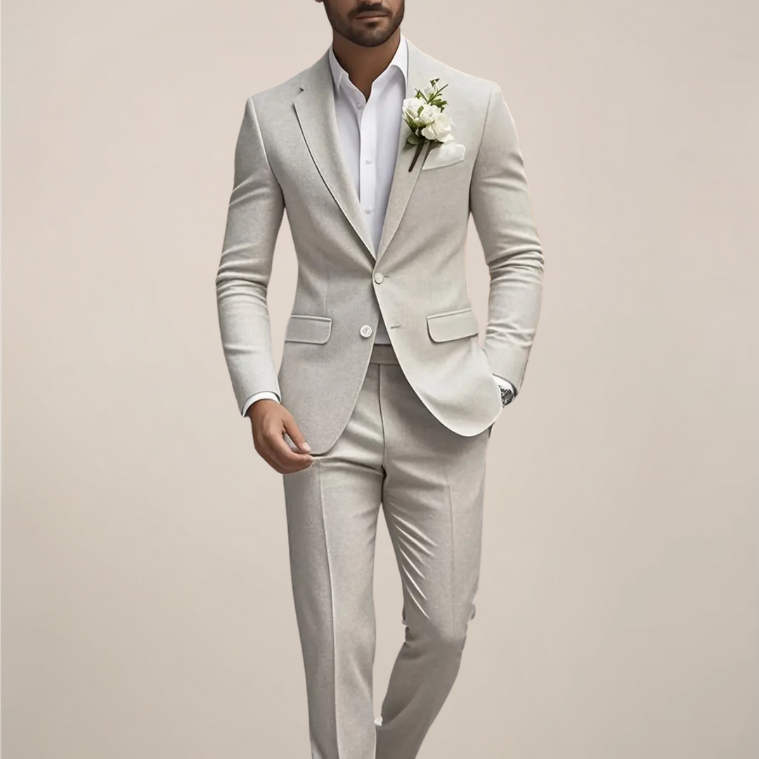 Men's light gray slim-fit formal suit, perfect for modern urban wedding attire. Includes tailored blazer and trousers.
