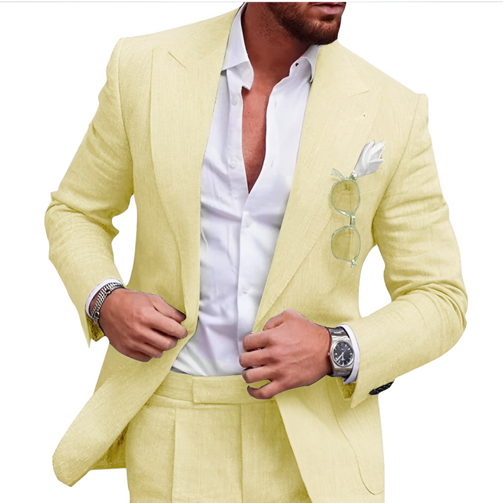 Elegant men's 2-piece beach outfit, a tailored lightweight suit for stylish summer events and vacations.