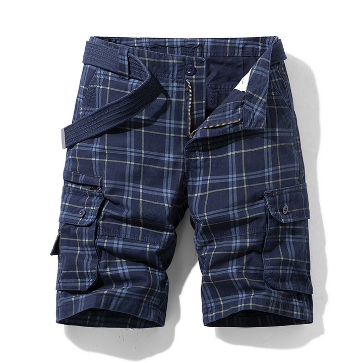 Men's lightweight adventure cargo shorts in a stylish check pattern, perfect for summer travel and outdoor activities.