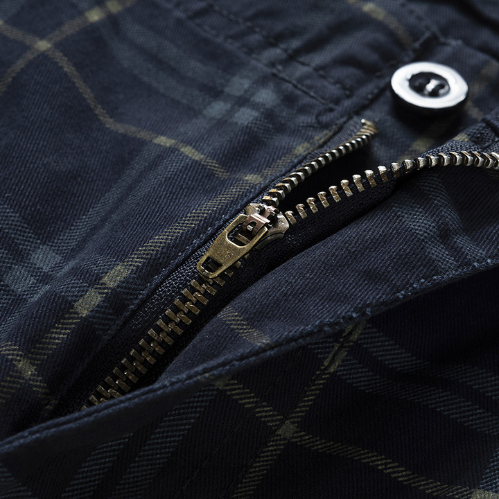 Back view of men's lightweight adventure cargo shorts with check pattern, showing rear pockets & fit.