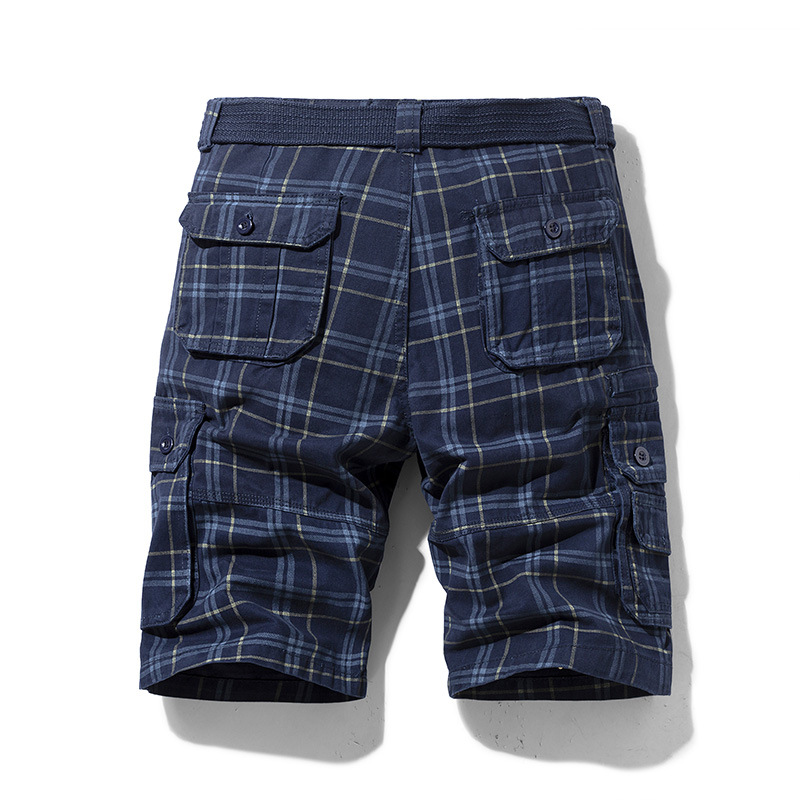 Comfortable men's checked cargo shorts for outdoor adventures, featuring utility pockets and lightweight fabric.