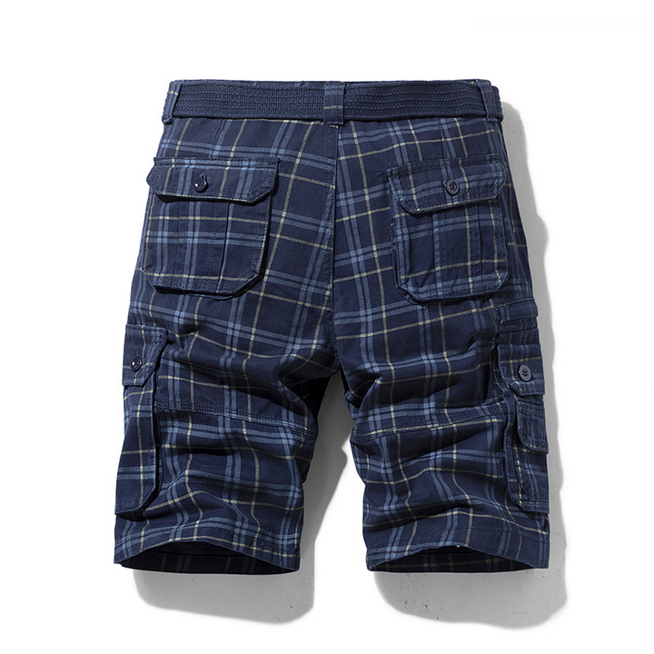 Comfortable men's checked cargo shorts for outdoor adventures, featuring utility pockets and lightweight fabric.