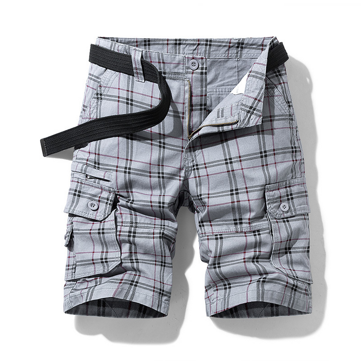 Fashionable men's checked cargo shorts, lightweight and breathable for a stylish summer or travel look.