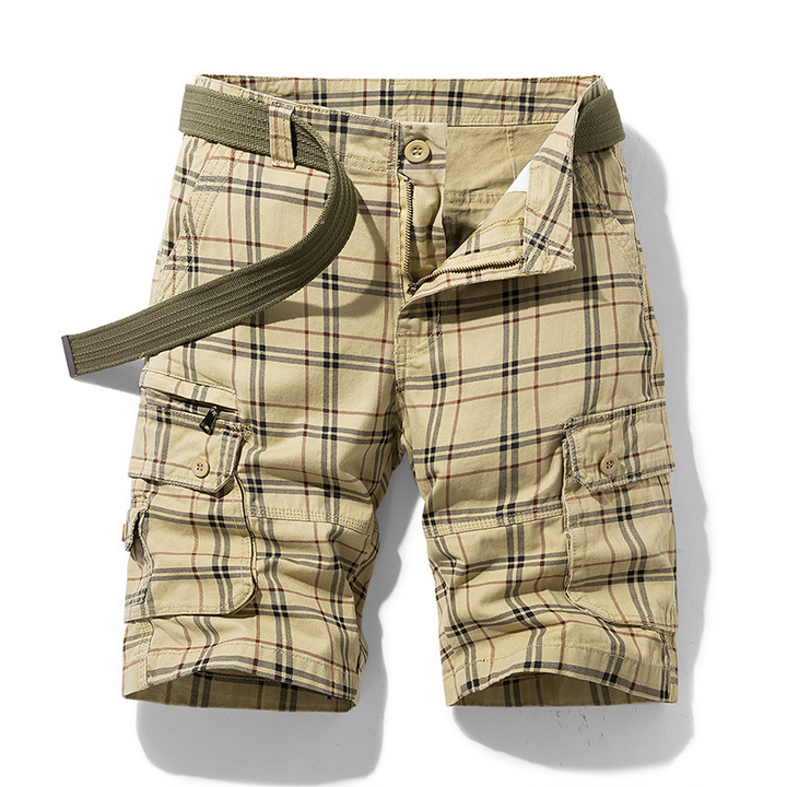Utility men's cargo shorts featuring a trendy check pattern, designed for comfort and adventure.