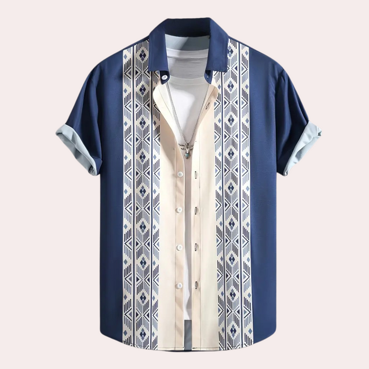 Men's lightweight blue & white summer shirt, casual short sleeve button-down. Perfect for warm weather & stylish comfort.