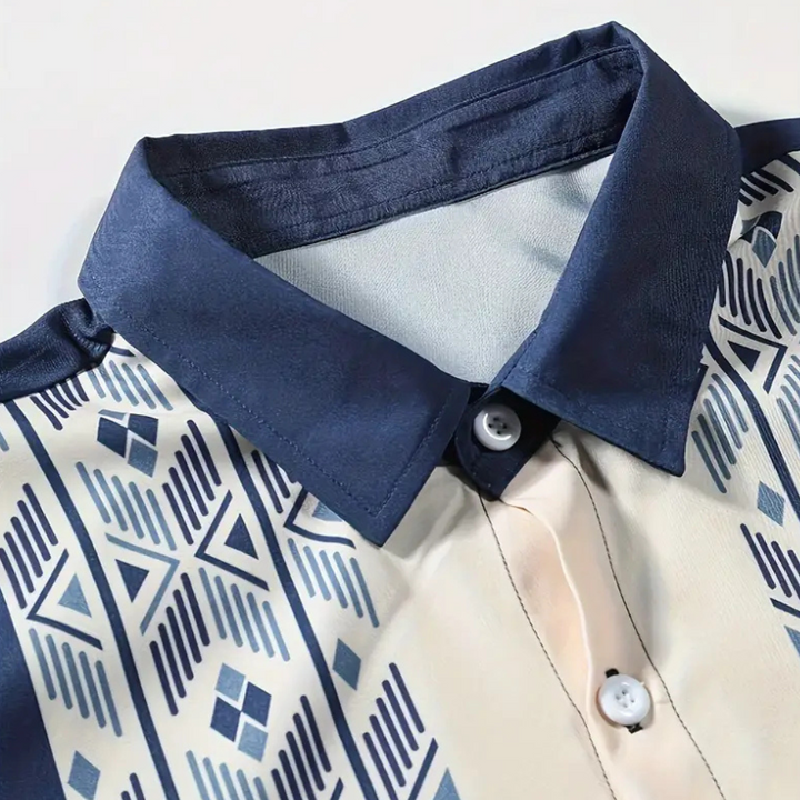 Stylish men's casual button-down summer shirt. Blue & white short sleeve top, ideal for warm weather fashion.