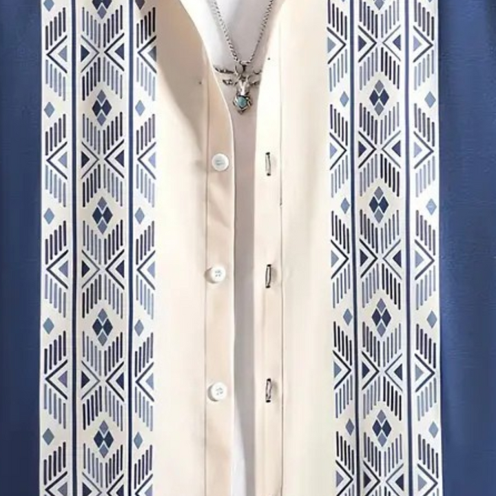 Elegant men's lightweight summer shirt featuring blue & white pattern. Comfortable short sleeve button-down for men.