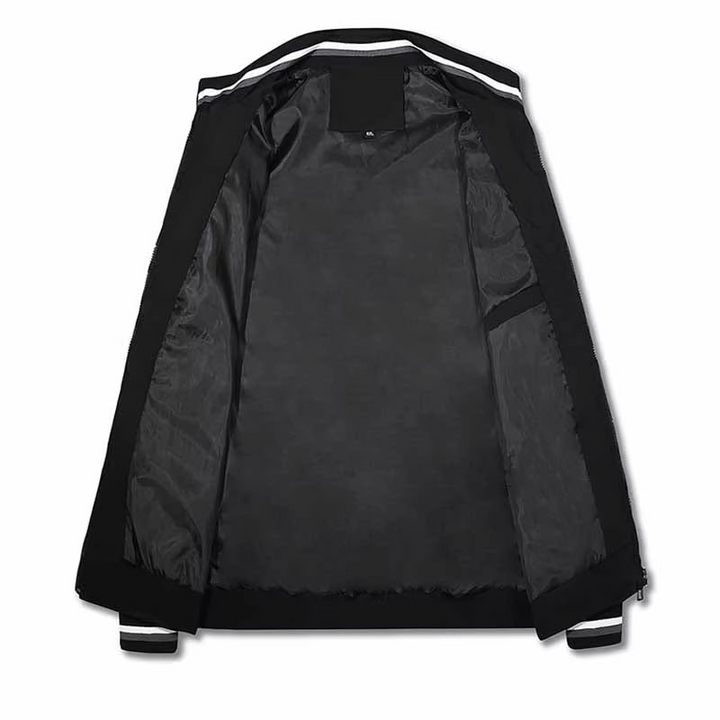 Stylish men's casual bomber jacket with a mandarin collar & full zipper. Perfect spring outerwear.