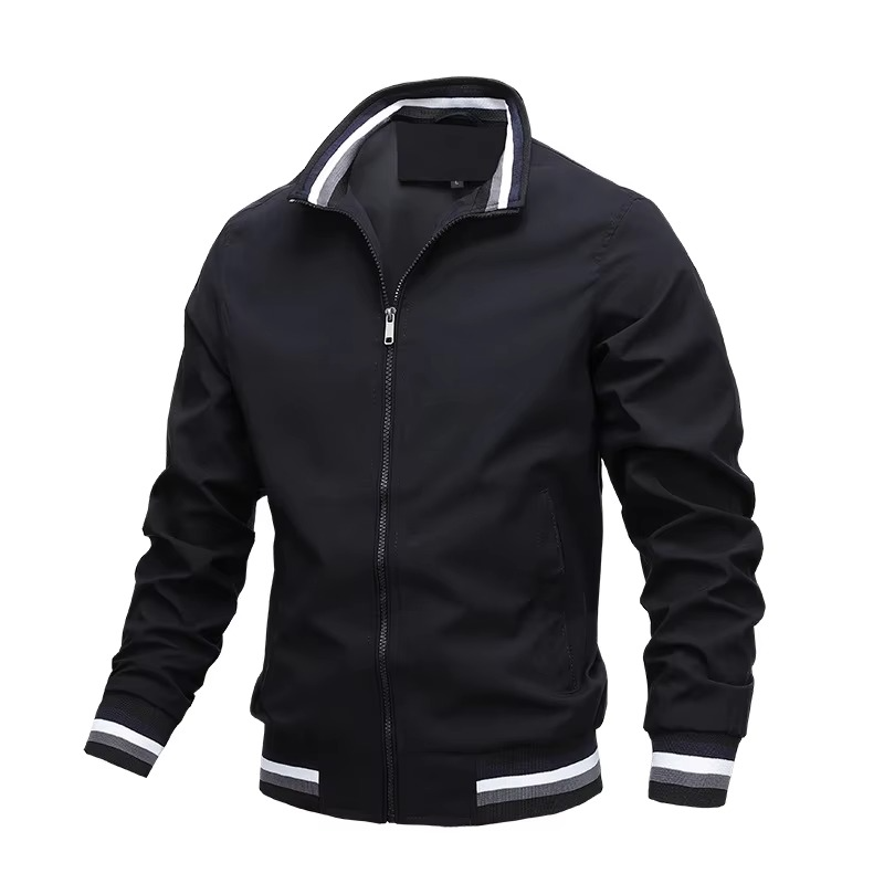 Men's spring bomber jacket featuring a practical zipper closure & stylish mandarin collar. Fall fashion.