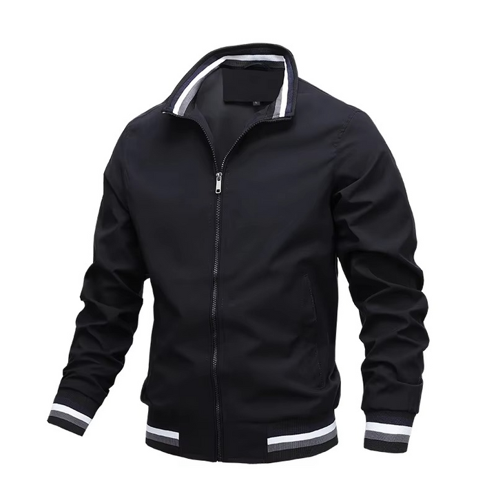 Men's spring bomber jacket featuring a practical zipper closure & stylish mandarin collar. Fall fashion.