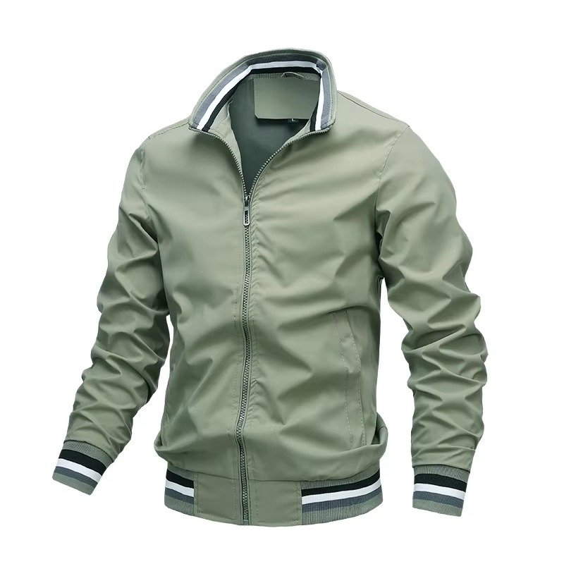 Modern men's casual lightweight bomber jacket for spring fashion. Zip-front windbreaker outerwear.
