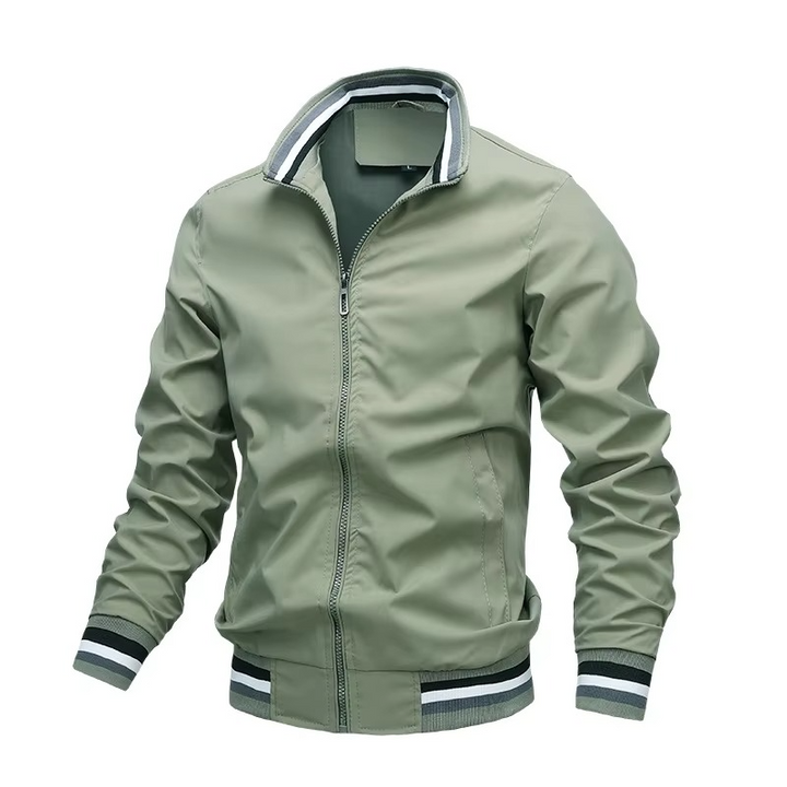 Modern men's casual lightweight bomber jacket for spring fashion. Zip-front windbreaker outerwear.