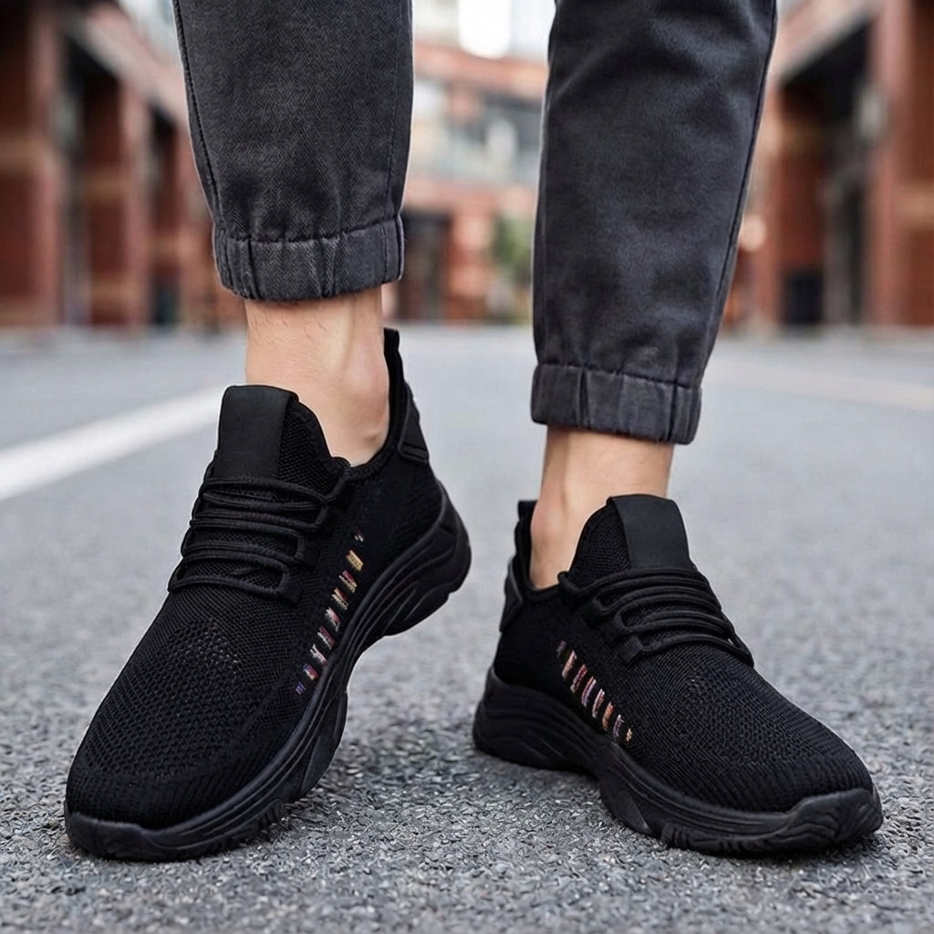 Men's lightweight breathable athletic sneakers in black with white sole, ideal for running and sports.