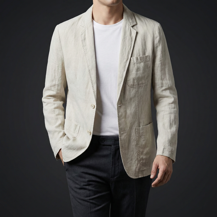 Close-up of men's breathable fabric blazer, ideal for summer, showing its lightweight texture & tailored finish.