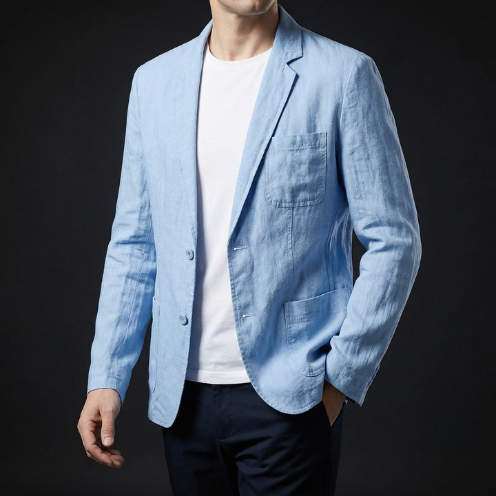 Back view of men's tailored lightweight blazer, showcasing its professional fit and breathable design for summer.